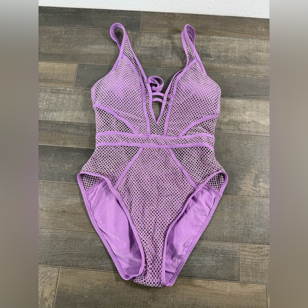 NEW BECCA  Mesh Plunge Neck One Piece Purple Swimsuit - Picture 2 of 8
